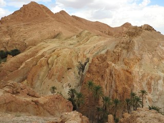 Chebika mountain oasis on the border of the Sahara, clear blue sky, Tunisia, Africa