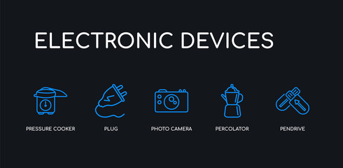 Obraz premium 5 outline stroke blue pendrive, percolator, photo camera, plug, pressure cooker icons from electronic devices collection on black background. line editable linear thin icons.