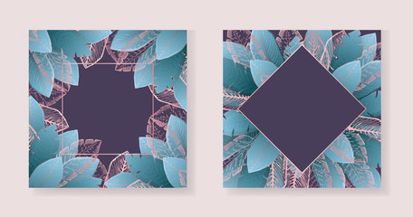 Collection of dark purple square backgrounds with bright blue and outline pink tropical leaves. Summer exotic turquoise leaf frames set for birthday greeting cards, banner design, wedding decoration