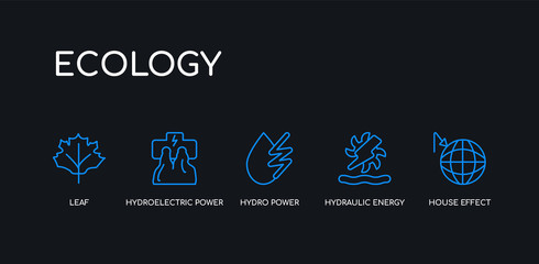 5 outline stroke blue house effect, hydraulic energy, hydro power, hydroelectric power station, leaf icons from ecology collection on black background. line editable linear thin icons.