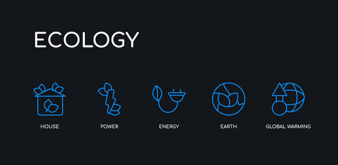 5 outline stroke blue global warming, earth, energy, power, house icons from ecology collection on black background. line editable linear thin icons.
