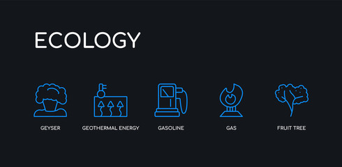 5 outline stroke blue fruit tree, gas, gasoline, geothermal energy, geyser icons from ecology collection on black background. line editable linear thin icons.