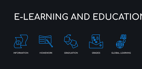 5 outline stroke blue global learning, grades, graduation, homework, information icons from e-learning and education collection on black background. line editable linear thin icons.