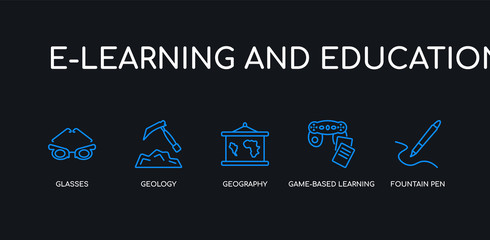 5 outline stroke blue fountain pen, game-based learning, geography, geology, glasses icons from e-learning and education collection on black background. line editable linear thin icons.