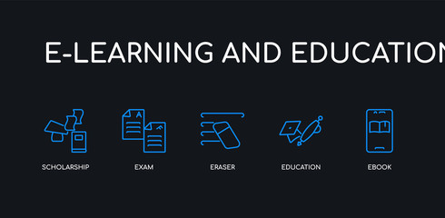 5 outline stroke blue ebook, education, eraser, exam, scholarship icons from e-learning and education collection on black background. line editable linear thin icons.