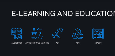 5 outline stroke blue abacus, abc, ask, asynchronous learning, audiobook icons from e-learning and education collection on black background. line editable linear thin icons.