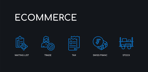 5 outline stroke blue stock, swiss franc, tax, trade, waiting list icons from ecommerce collection on black background. line editable linear thin icons.