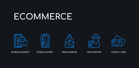 5 outline stroke blue loyalty card, map pointer, merchandise, mobile money, mobile payment icons from ecommerce collection on black background. line editable linear thin icons.
