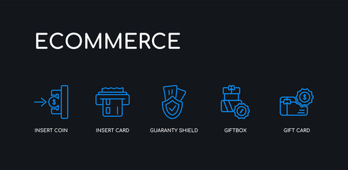 5 outline stroke blue gift card, giftbox, guaranty shield, insert card, insert coin icons from ecommerce collection on black background. line editable linear thin icons.