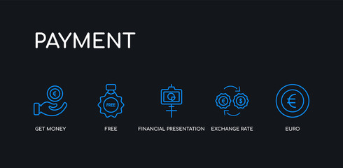 5 outline stroke blue euro, exchange rate, financial presentation, free, get money icons from payment collection on black background. line editable linear thin icons.
