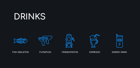 5 outline stroke blue energy drink, espresso, fermentation, filtration, fish skeleton icons from drinks collection on black background. line editable linear thin icons.