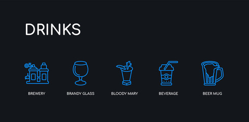5 outline stroke blue beer mug, beverage, bloody mary, brandy glass, brewery icons from drinks collection on black background. line editable linear thin icons.