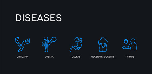 5 outline stroke blue typhus, ulcerative colitis, ulcers, uremia, urticaria icons from diseases collection on black background. line editable linear thin icons.