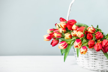 Bouquet of tulip flowers in a basket, spring background