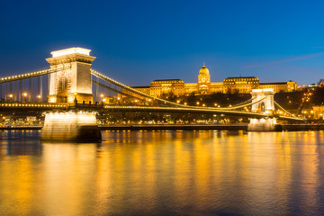 Chain bridge over Danube river at sunset in Budapest, Hungary