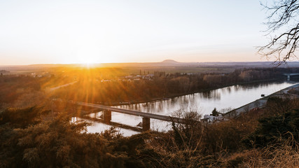  View from Melnik at sunset in background Rip Mountain - popular pilgrimage place, central Bohemian...