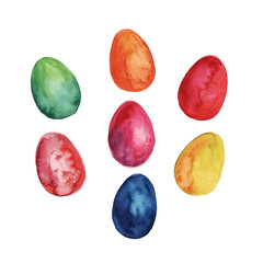 Happy Easter. Watercolor set of hand drawn colored Easter eggs isolated on white background. For greetings card design. Vector illustration.