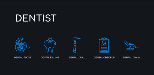 5 outline stroke blue dental chair, dental checkup, dental drill, filling, floss icons from dentist collection on black background. line editable linear thin icons.