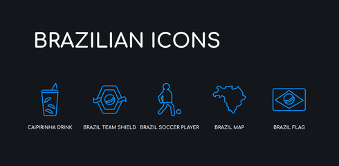 5 outline stroke blue brazil flag, brazil map, brazil soccer player, team shield, caipirinha drink glass of icons from brazilian icons collection on black background. line editable linear thin