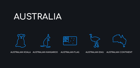 5 outline stroke blue australian continent, australian emu, australian flag, kangaroo, koala icons from australia collection on black background. line editable linear thin icons.