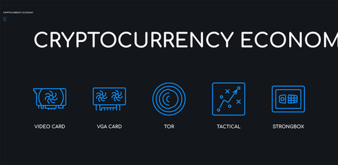 5 outline stroke blue strongbox, tactical, tor, vga card, video card icons from cryptocurrency economy collection on black background. line editable linear thin icons.