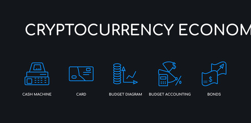 5 outline stroke blue bonds, budget accounting, budget diagram, card, cash machine icons from cryptocurrency economy collection on black background. line editable linear thin icons.