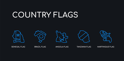 5 outline stroke blue martinique flag, tanzania flag, angola flag, brazil senegal icons from country flags collection on black background. line editable linear thin icons.