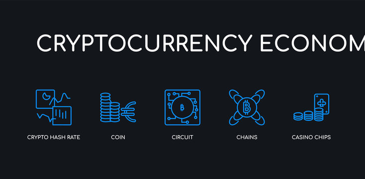 5 outline stroke blue casino chips, chains, circuit, coin, crypto hash rate icons from cryptocurrency economy collection on black background. line editable linear thin icons.