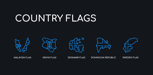 5 outline stroke blue sweden flag, dominican republic flag, denmark flag, kenya malaysia icons from country flags collection on black background. line editable linear thin icons.