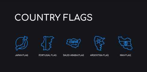 5 outline stroke blue iran flag, argentina flag, saudi arabia flag, portugal japan icons from country flags collection on black background. line editable linear thin icons.