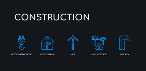 5 outline stroke blue hex key, high voltage, hoe, home repair, hook with cargo icons from construction collection on black background. line editable linear thin icons.