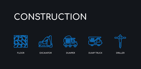 5 outline stroke blue driller, dump truck, dumper, excavator, floor icons from construction collection on black background. line editable linear thin icons.