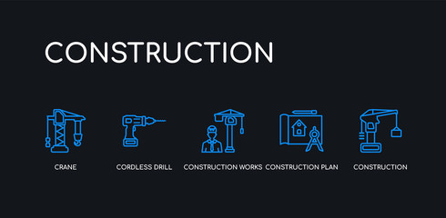 5 outline stroke blue construction, construction plan, construction works, cordless drill, crane icons from collection on black background. line editable linear thin icons.