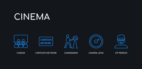 Fototapeta premium 5 outline stroke blue vip person, camera lens, cameraman, cartoon network, cinema icons from cinema collection on black background. line editable linear thin icons.