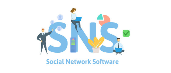 SNS, Social Network Service. Concept with keywords, letters and icons. Colored flat vector illustration. Isolated on white background.