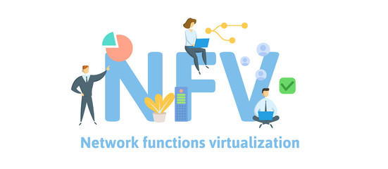 NFV, Network Functions Virtualization. Concept with keywords, letters and icons. Colored flat vector illustration. Isolated on white background.