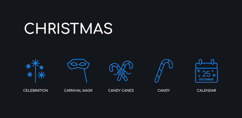 5 outline stroke blue calendar, candy, candy canes, carnival mask, celebration icons from christmas collection on black background. line editable linear thin icons.