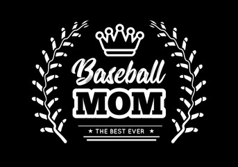 Baseball mom emblem with baseball wreath-style lacing and a king crown on black background. Vector