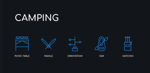 5 outline stroke blue matches, oar, orientation, paddle, picnic table icons from camping collection on black background. line editable linear thin icons.