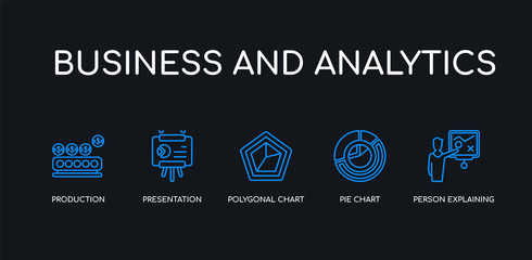 Fototapeta premium 5 outline stroke blue person explaining strategy, pie chart, polygonal chart, presentation, production icons from business and analytics collection on black background. line editable linear thin