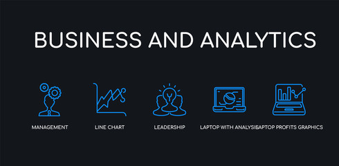 Obraz premium 5 outline stroke blue laptop profits graphics, laptop with analysis, leadership, line chart, management icons from business and analytics collection on black background. line editable linear thin