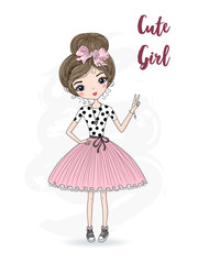 Hand drawn cute fashion cartoon girl. Vector illustration.