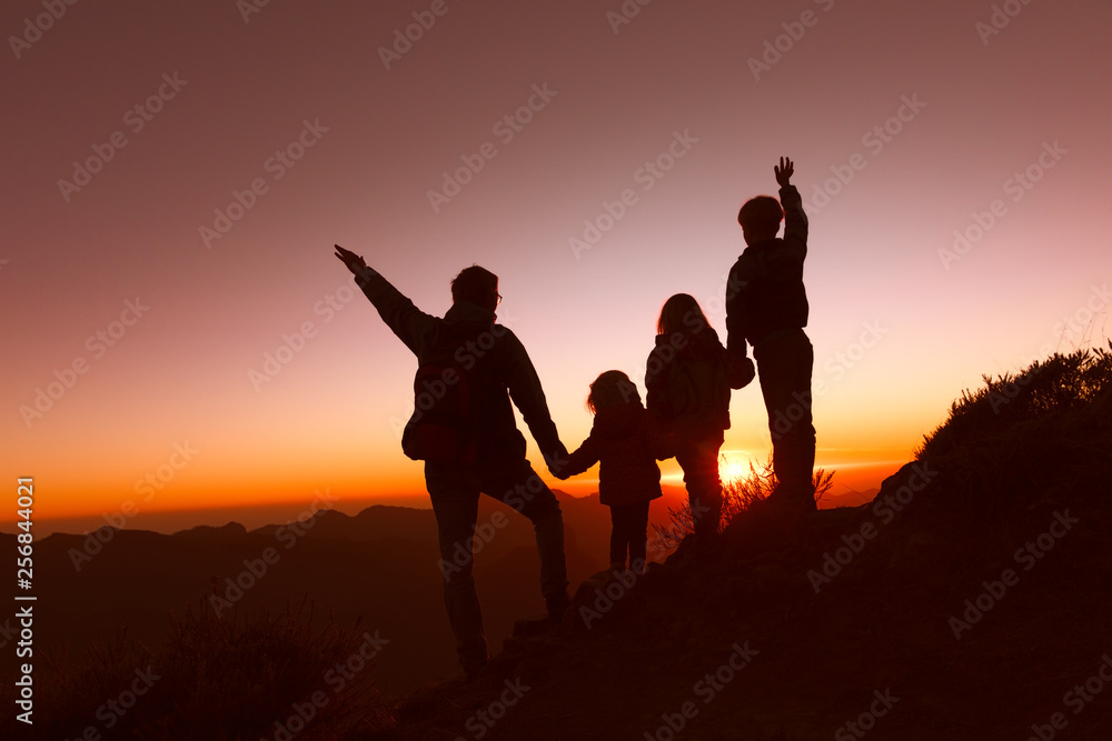 Poster happy father with kids travel in sunset mountains