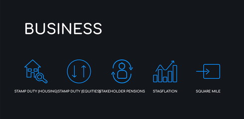 5 outline stroke blue square mile, stagflation, stakeholder pensions, stamp duty (equities), stamp duty (housing) icons from business collection on black background. line editable linear thin icons.
