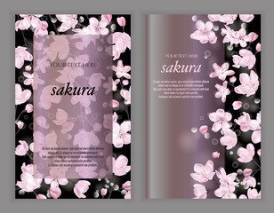 Set of Vector cards with Luxurious sakura flowers on black background