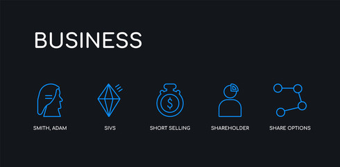 5 outline stroke blue share options, shareholder, short selling, sivs, smith, adam icons from business collection on black background. line editable linear thin icons.