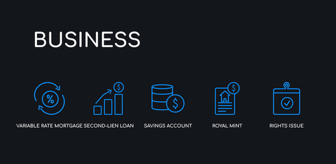 5 outline stroke blue rights issue, royal mint, savings account, second-lien loan, variable rate mortgage icons from business collection on black background. line editable linear thin icons.