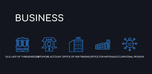 Fototapeta premium 5 outline stroke blue occupational pension scheme, office for national statistics (ons), office of fair trading (oft), offshore account, old lady of threadneedle street icons from business
