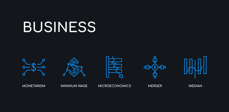 5 outline stroke blue median, merger, microeconomics, minimum wage, monetarism icons from business collection on black background. line editable linear thin icons.