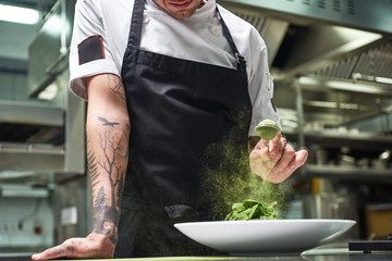 Slow motion. Cropped image of chef's hands with tattoos adding spices in salad while standing in a restaurant kitchen.